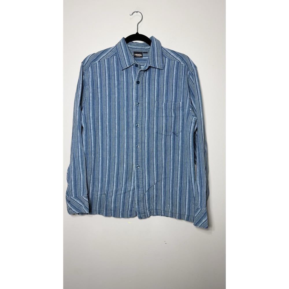 KAVU Mens Medium Blue Striped Long Sleeve Button Up Shirt Textured Poly Pocket